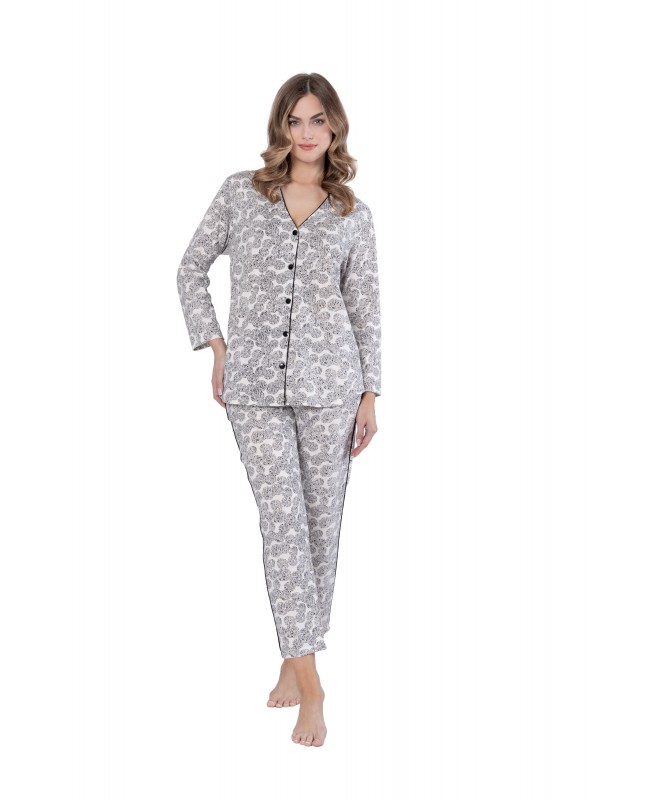 Piżama damska rozpinana LEVEZA BRONIA 1609, 100% bawełna, piaskowo-czarna, M-2XL