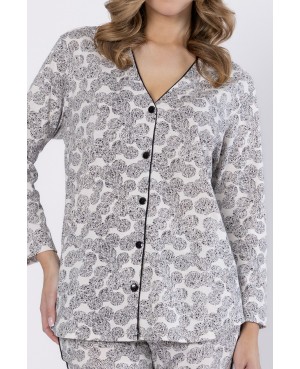 Piżama damska rozpinana LEVEZA BRONIA 1609, 100% bawełna, piaskowo-czarna, M-2XL