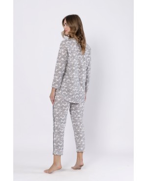 Piżama damska rozpinana LEVEZA BRONIA 1609, 100% bawełna, piaskowo-czarna, M-2XL