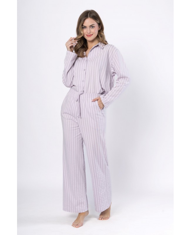 Piżama damska LEVEZA JUDYTA 1613, 100% bawełna, liliowa w paski, M-2XL