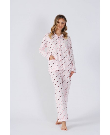 Piżama damska rozpinana LEVEZA EWI 1524, 100% bawełna, jasny róż w grochy, M-2XL