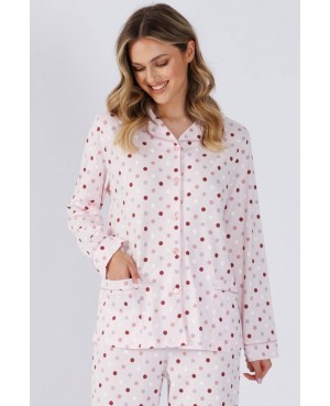 Piżama damska rozpinana LEVEZA EWI 1524, 100% bawełna, jasny róż w grochy, M-2XL