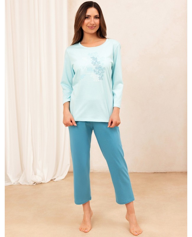 Piżama damska bawełniana REGINA 706 | rękaw 3/4 | gładkie spodnie 7/8 | nadruk z przodu