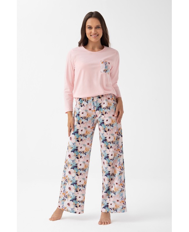 Piżama damska Luna 348 – bawełniana z długim rękawem i kwiatowymi spodniami