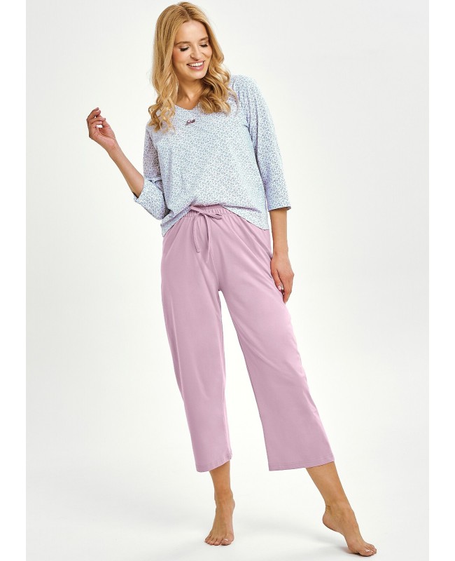 Piżama damska bawełniana Taro Debora 3448 – wzorzysta koszulka 3/4 i kuloty z wiązaniem