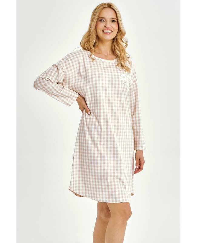Koszula nocna damska bawełniana Vera 3437 – długa, w kratkę, z długim rękawem