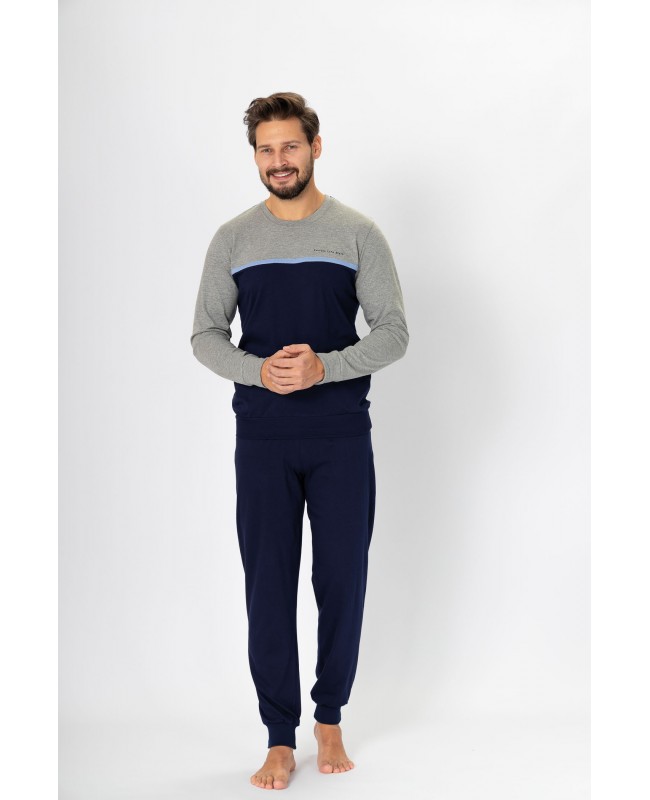 Piżama męska bawełniana HOTBERG KASJAN dł. rękaw melanż ze ściągaczami
