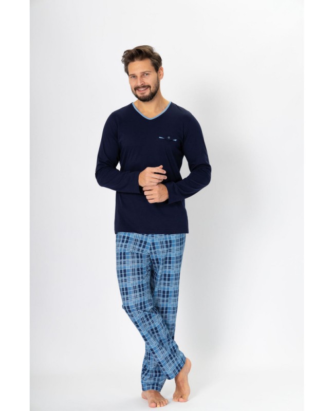 Piżama męska bawełniana HOTBERG LEON 993 – klasyczna z długim rękawem i spodniami w kratę