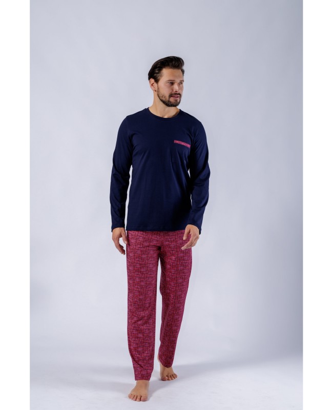 Piżama męska bawełniana HOTBERG RAFAŁ 1602 – granatowa koszulka, bordowe spodnie, 100% bawełna