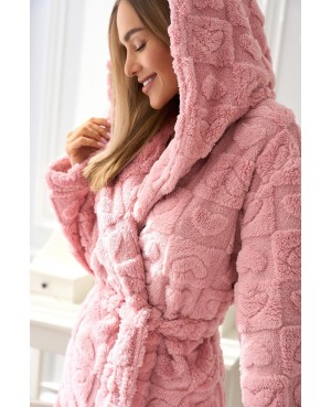 Krótki szlafrok damski L&L Valentina 2553 z kapturem, serca, miękki, S–XL