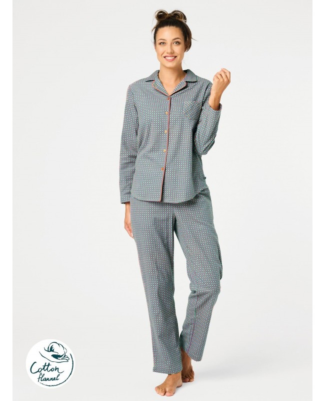 Piżama damska Key LNS 429 B25 dł/r flanelowa w pepitkę, rozpinana z kieszeniami S-XL