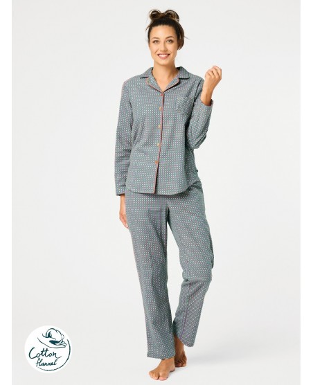 Piżama damska Key LNS 429 B25 dł/r flanelowa w pepitkę, rozpinana z kieszeniami S-XL