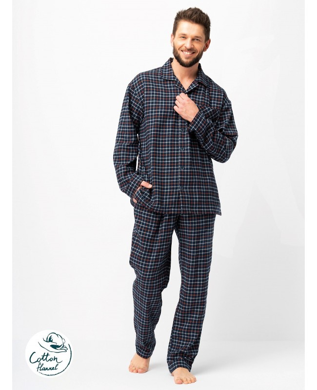 Piżama męska Key MNS 480 B25 dł/r flanelowa w kratkę, rozpinana z kieszeniami M-2XL