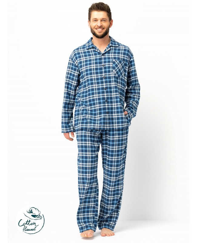 Piżama męska Key MNS 492 B25 dł/r flanelowa w kratkę, rozpinana z kieszeniami M-2XL