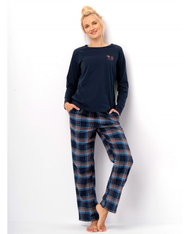 Piżama damska Key LNS 432 B25 dł/r bawełniana z nadrukiem i spodniami w kratkę S-XL