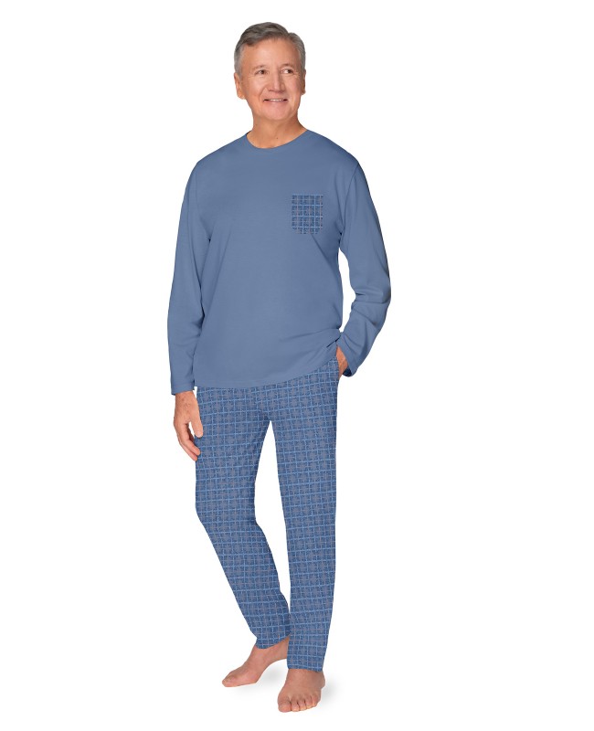 Piżama męska Ignacy 416 bawełna 100% niebieska w kratkę długi rękaw i spodnie – polski producent