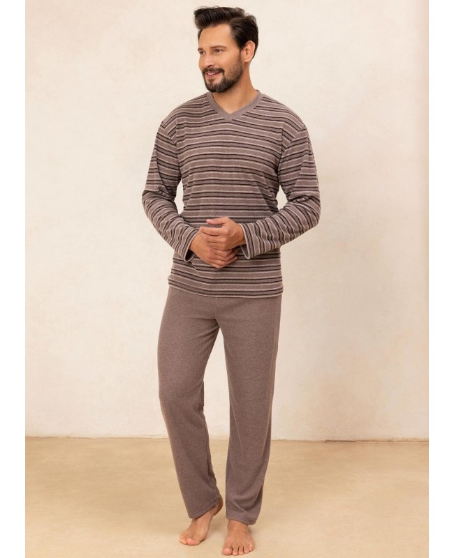 Ciepła piżama męska Regina 490 dł/r frotte bawełna z dekoltem V