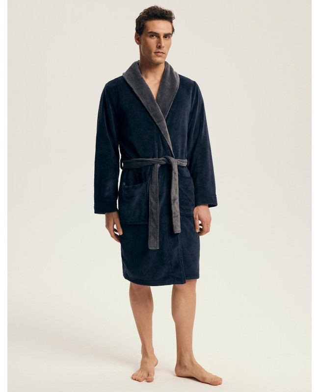 Klasyczny szlafrok męski Henderson 43378 Nocturn szalowy kołnierz wzór kieszenie