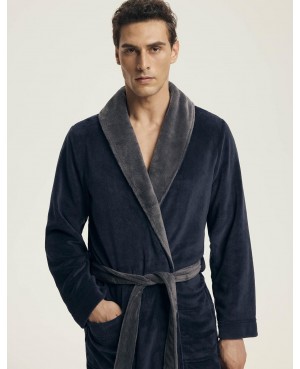 Klasyczny szlafrok męski Henderson 43378 Nocturn szalowy kołnierz wzór kieszenie