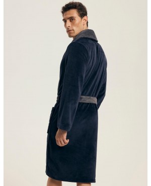 Klasyczny szlafrok męski Henderson 43378 Nocturn szalowy kołnierz wzór kieszenie