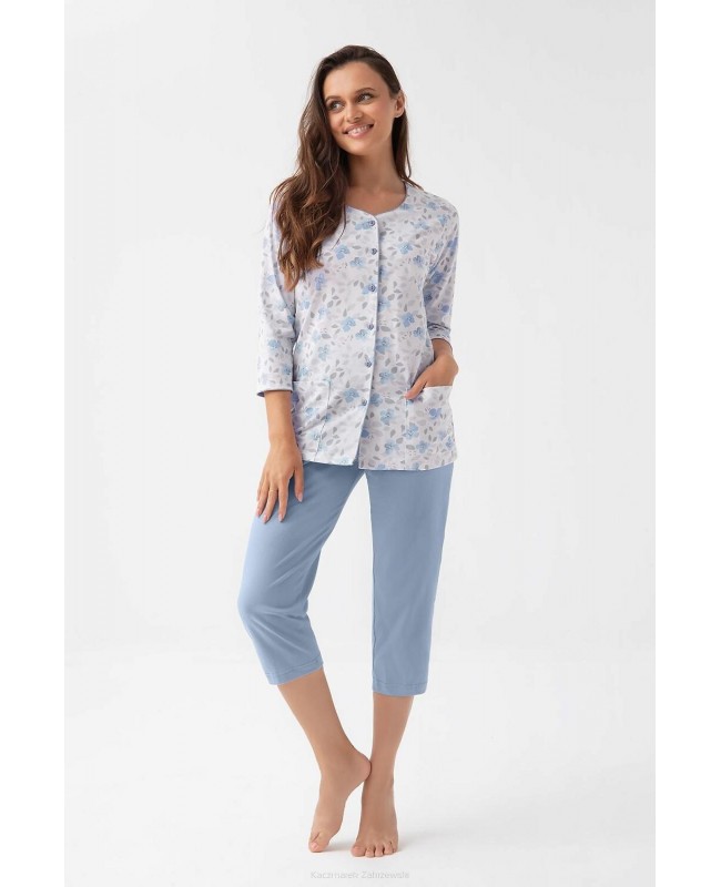 Piżama damska bawełniana Luna 388 rozpinana 3/4 kwiatowy wzór wygodna z kieszeniami