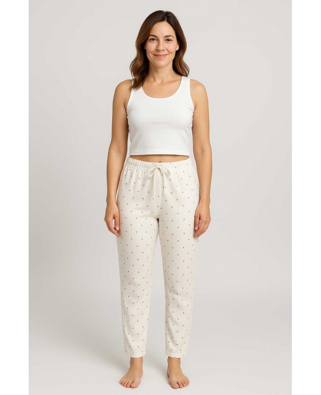 Spodnie piżamowe damskie kremowe w groszki bawełna interlock