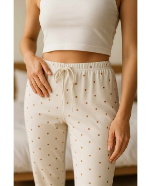 Spodnie piżamowe damskie kremowe w groszki bawełna interlock