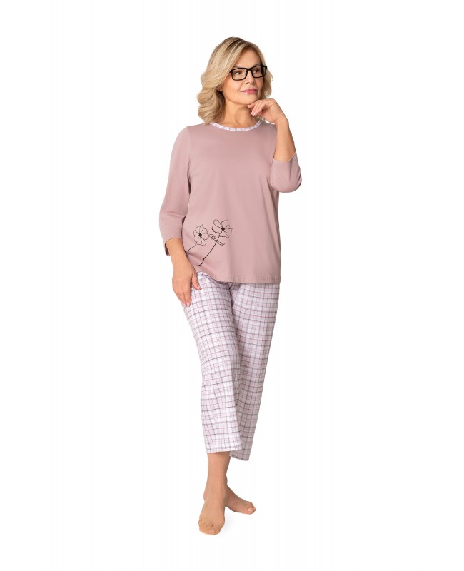Piżama damska Gabrysia naturalna bawełna krata 3/4 wygodna klasyka