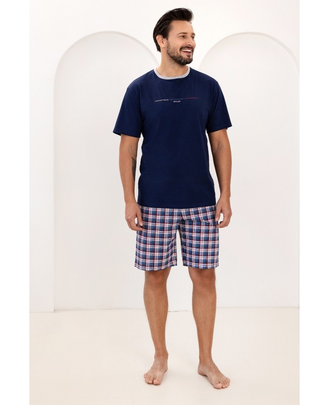 Piżama męska Regina 502 bawełniana krótki rękaw kratka 100% bawełna
