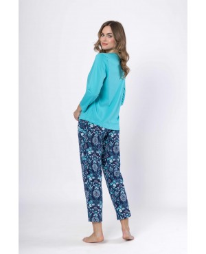 Piżama damska bawełniana 3/4 rękaw spodnie 7/8 wzór kwiatowy turkus Aja 1652