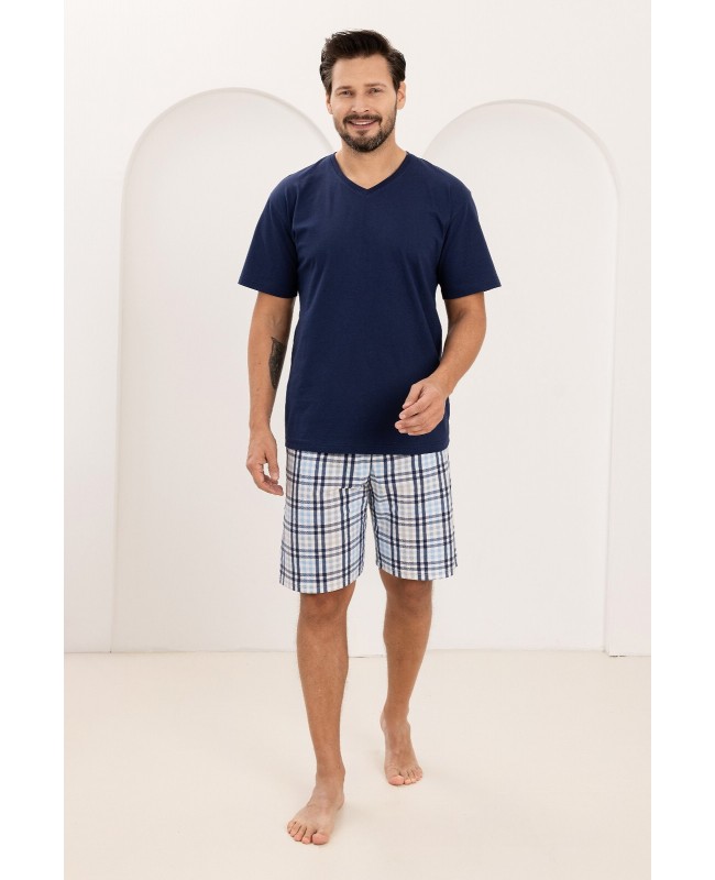 Piżama męska bawełniana krótki rękaw krótkie spodenki kratka Regina 505