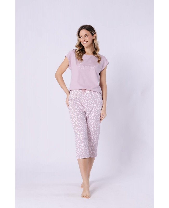 Piżama damska bawełniana krótki rękaw spodnie 3/4 napis Sandra 1708