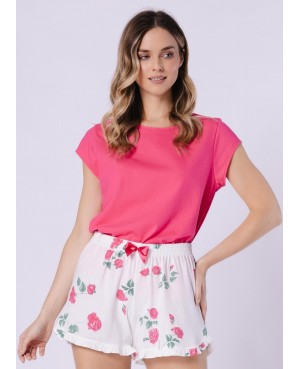 Piżama damska bawełniana krótki rękaw krótkie spodenki falbanka Leveza 1724