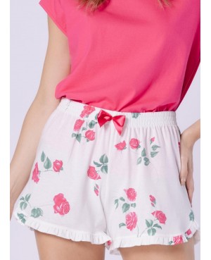 Piżama damska bawełniana krótki rękaw krótkie spodenki falbanka Leveza 1724