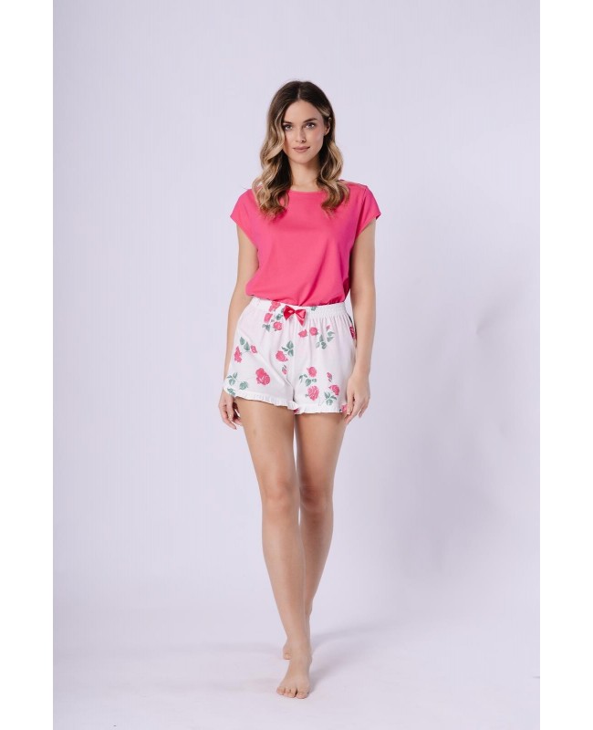Piżama damska bawełniana krótki rękaw krótkie spodenki falbanka Leveza 1724