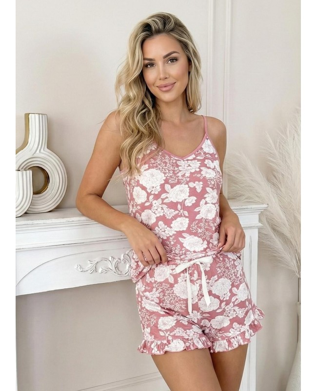 Piżama damska wiskozowa na ramiączkach szorty falbanka kwiaty Tina Top