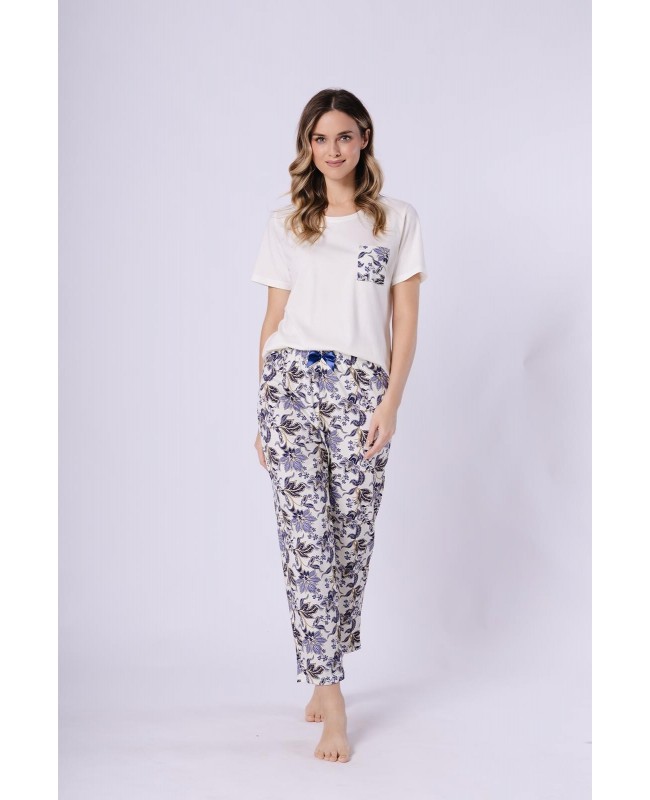 Piżama damska bawełniana LEVEZA Irena 1737 krótki rękaw spodnie długie wzór