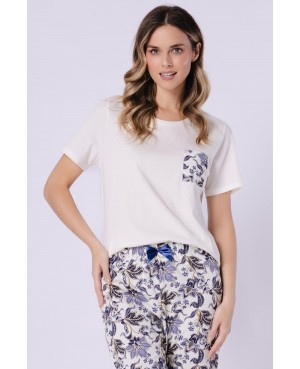 Piżama damska bawełniana LEVEZA Irena 1737 krótki rękaw spodnie długie wzór