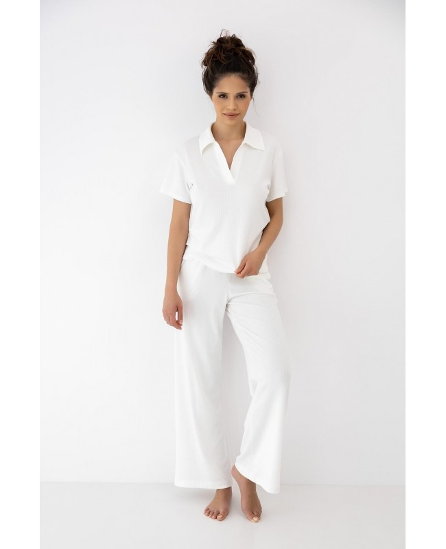 Piżama damska Zuri bawełna modal prążek polo długie spodnie