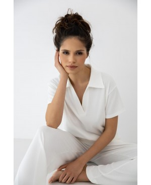 Piżama damska Zuri bawełna modal prążek polo długie spodnie