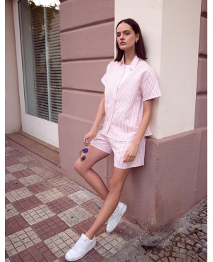 Piżama damska Sensis Selene len bawełna paski kołnierzyk krótki rękaw