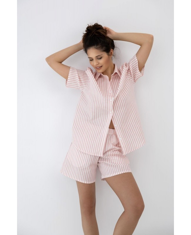 Piżama damska Sensis Selene len bawełna paski kołnierzyk krótki rękaw
