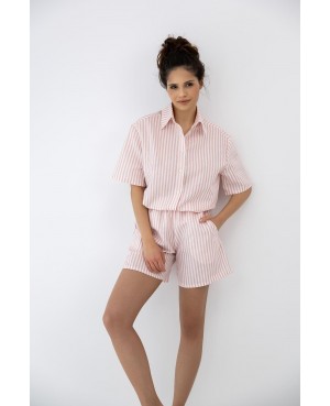 Piżama damska Sensis Selene len bawełna paski kołnierzyk krótki rękaw