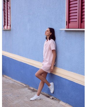 Piżama damska Sensis Selene len bawełna paski kołnierzyk krótki rękaw