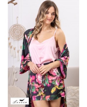 Szlafrok damski satynowy Leveza Gizela 1746 kwiatowy print rękaw 7/8 pasek
