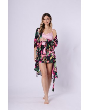 Szlafrok damski satynowy Leveza Gizela 1746 kwiatowy print rękaw 7/8 pasek