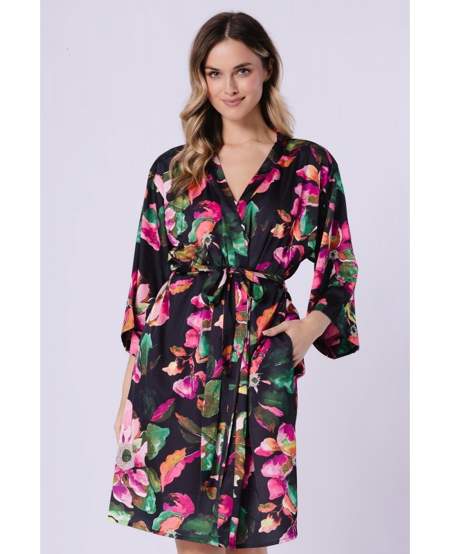 Szlafrok damski satynowy Leveza Gizela 1746 kwiatowy print rękaw 7/8 pasek