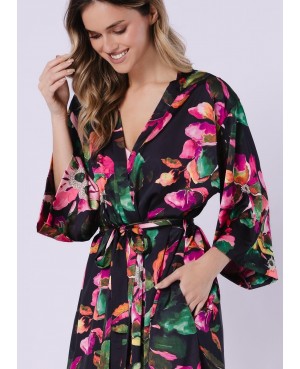 Szlafrok damski satynowy Leveza Gizela 1746 kwiatowy print rękaw 7/8 pasek