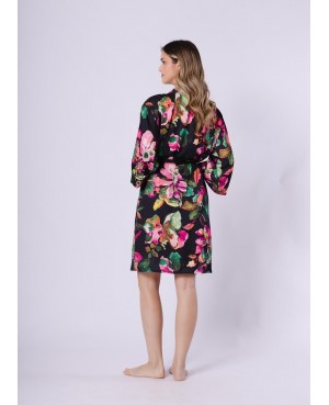 Szlafrok damski satynowy Leveza Gizela 1746 kwiatowy print rękaw 7/8 pasek