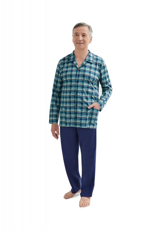 Piżama męska Antoni 403 – rozpinana, bawełna 100%, kołnierzyk, kieszenie, spodnie długie